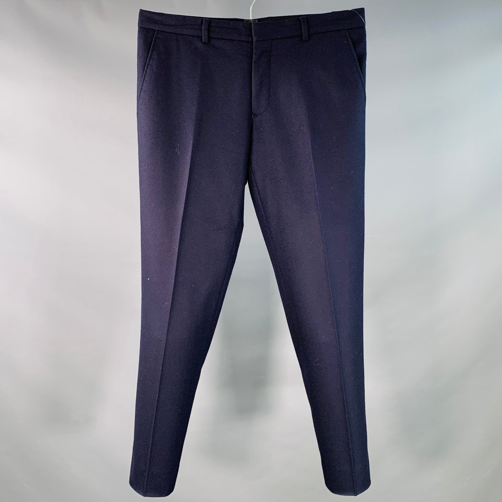 Ami By Alexandre Mattiussi Navy Wool Twill Flat Front Tapered Dress Pants
